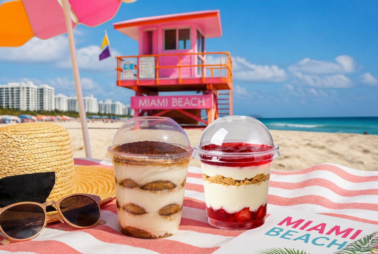 Bella Ciao Dolce tiramisu and strawberry cheesecake cups on a striped beach towel with an umbrella and the iconic Miami Beach lifeguard tower behind