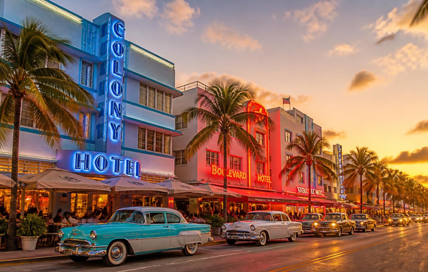 Art Deco hotels and vintage cars along Ocean Drive in Miami Beach at sunset